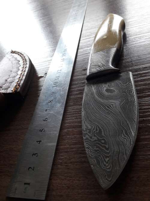 Handmade DAMASCUS Steel Hunting Knife, FULL TANG, Camel Bone handle w Damascus steel bolster