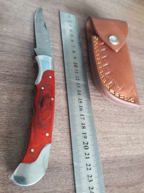 Handmade Damascus steel folding knife with Wooden handle scales. Big SIZE !!