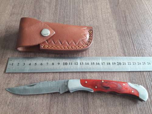 Handmade Damascus steel folding knife with Wooden handle scales. Big SIZE !!