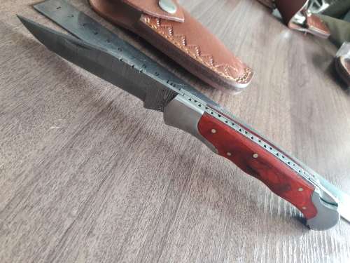 Handmade Damascus steel folding knife with Wooden handle scales. Big SIZE !!