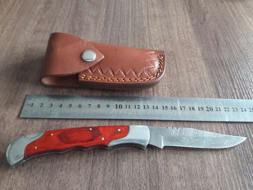 Handmade Damascus steel folding knife with Wooden handle scales. Big SIZE !!