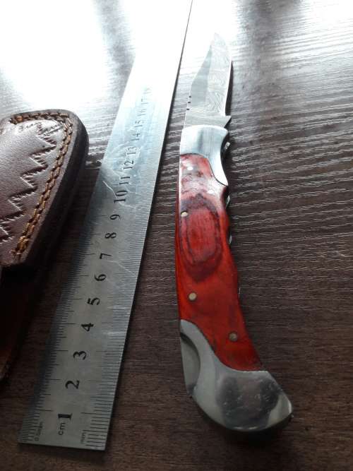 Handmade Damascus steel folding knife with Wooden handle scales. Big SIZE !!