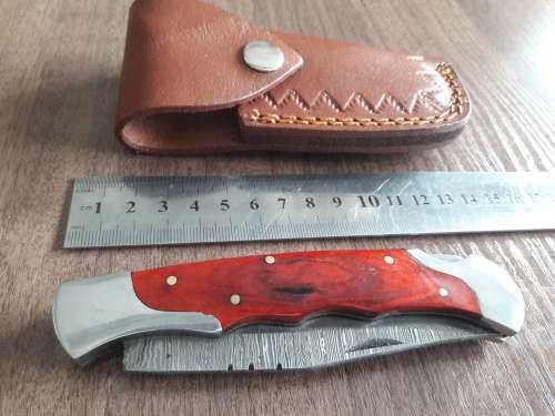 Handmade Damascus steel folding knife with Wooden handle scales. Big SIZE !!