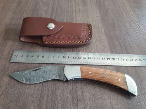 Handmade Damascus steel folding knife with Wooden handle scales. Bigger size.