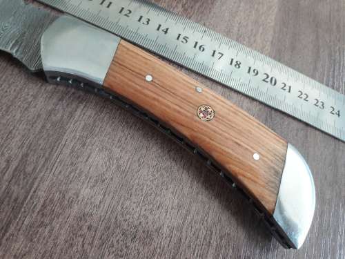 Handmade Damascus steel folding knife with Wooden handle scales. Bigger size.