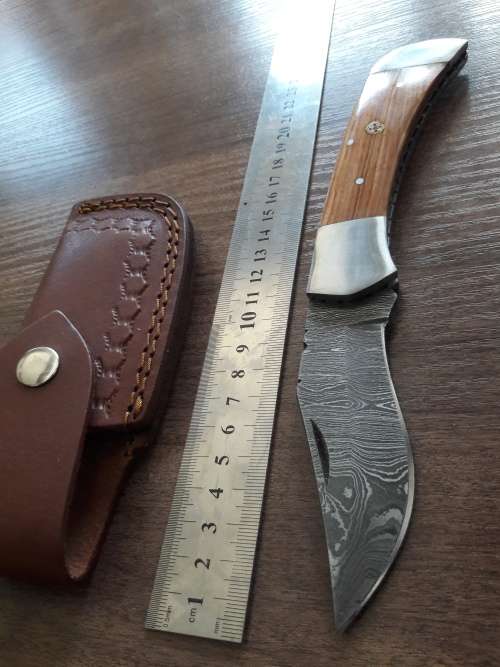 Handmade Damascus steel folding knife with Wooden handle scales. Bigger size.