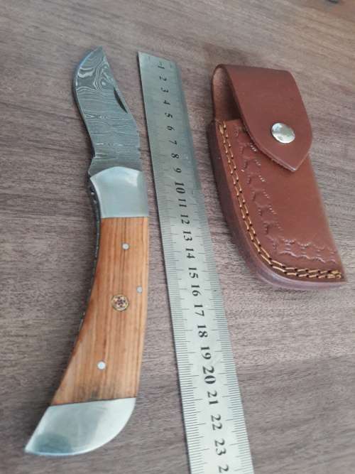 Handmade Damascus steel folding knife with Wooden handle scales. Bigger size.