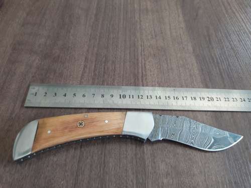 Handmade Damascus steel folding knife with Wooden handle scales. Bigger size.
