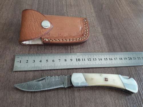 Handmade Damascus steel folding knife with Camel Bone  handle scales. GREAT GIFT !!