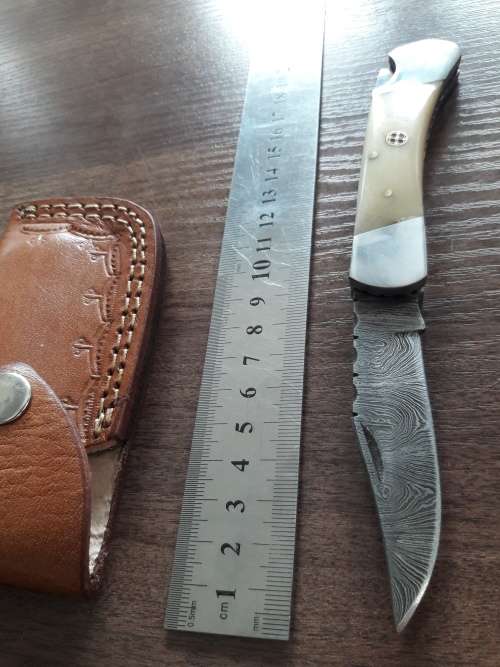 Handmade Damascus steel folding knife with Camel Bone  handle scales. GREAT GIFT !!