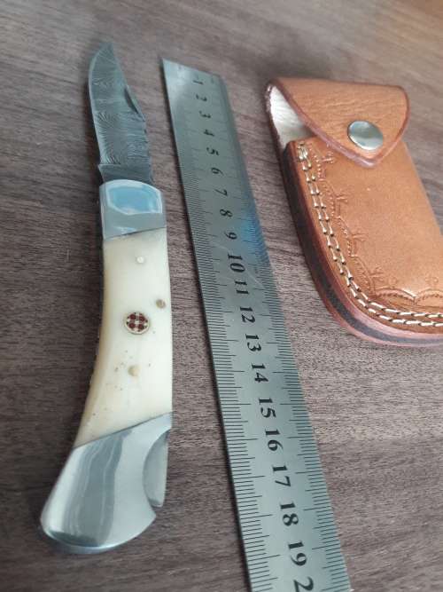 Handmade Damascus steel folding knife with Camel Bone  handle scales. GREAT GIFT !!