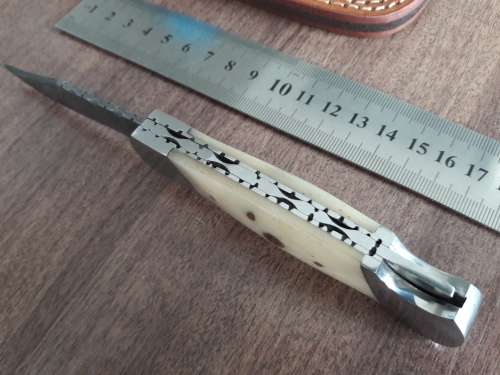 Handmade Damascus steel folding knife with Camel Bone  handle scales. GREAT GIFT !!