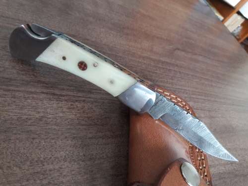 Handmade Damascus steel folding knife with Camel Bone  handle scales. GREAT GIFT !!