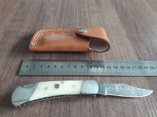 Handmade Damascus steel folding knife with Camel Bone  handle scales. GREAT GIFT !!