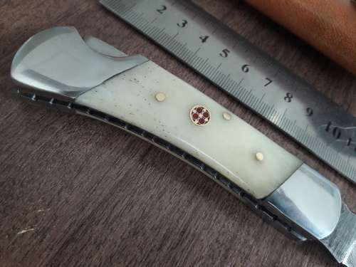 Handmade Damascus steel folding knife with Camel Bone  handle scales. GREAT GIFT !!