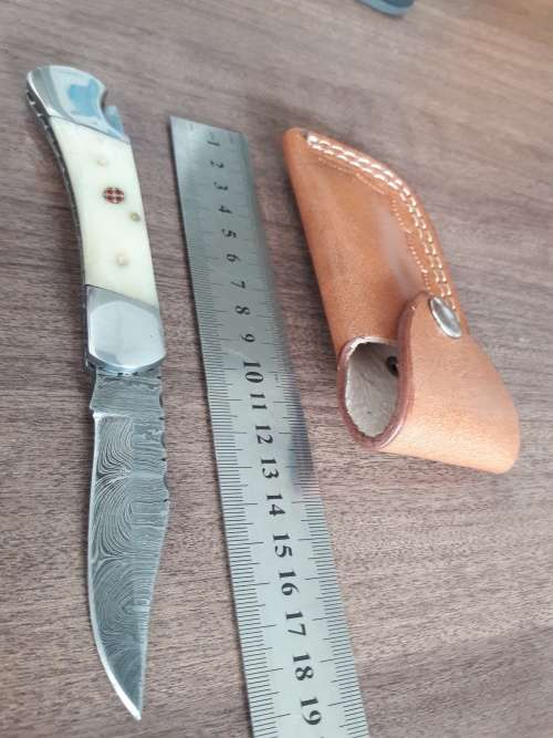 Handmade Damascus steel folding knife with Camel Bone  handle scales. GREAT GIFT !!