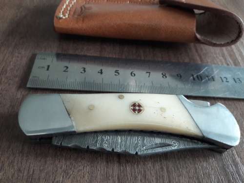 Handmade Damascus steel folding knife with Camel Bone  handle scales. GREAT GIFT !!
