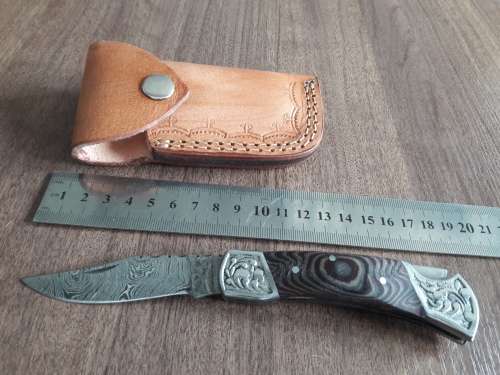 Handmade Damascus steel folding knife with MICARTA & WOOD handle scales. GREAT GIFT !!!!
