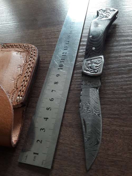Handmade Damascus steel folding knife with MICARTA & WOOD handle scales. GREAT GIFT !!!!