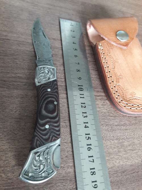Handmade Damascus steel folding knife with MICARTA & WOOD handle scales. GREAT GIFT !!!!