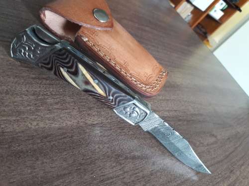 Handmade Damascus steel folding knife with MICARTA & WOOD handle scales. GREAT GIFT !!!!