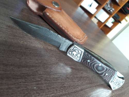 Handmade Damascus steel folding knife with MICARTA & WOOD handle scales. GREAT GIFT !!!!