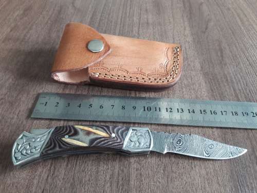 Handmade Damascus steel folding knife with MICARTA & WOOD handle scales. GREAT GIFT !!!!