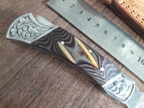 Handmade Damascus steel folding knife with MICARTA & WOOD handle scales. GREAT GIFT !!!!