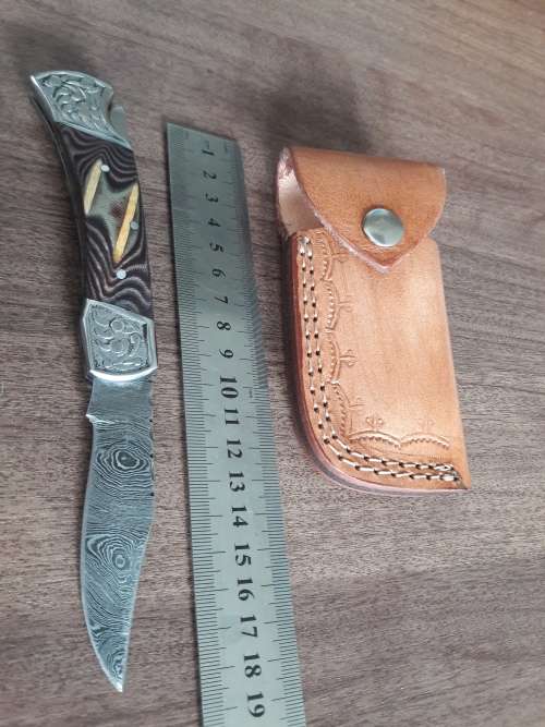 Handmade Damascus steel folding knife with MICARTA & WOOD handle scales. GREAT GIFT !!!!