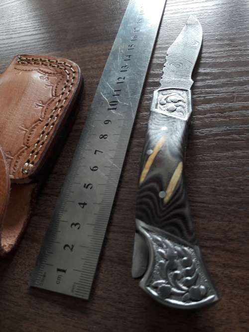 Handmade Damascus steel folding knife with MICARTA & WOOD handle scales. GREAT GIFT !!!!