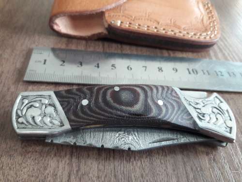 Handmade Damascus steel folding knife with MICARTA & WOOD handle scales. GREAT GIFT !!!!
