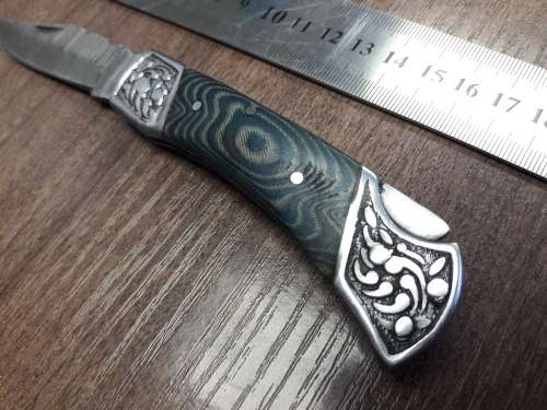 Handmade Damascus steel folding knife with MICARTA & WOOD handle scales. GREAT GIFT !!!!