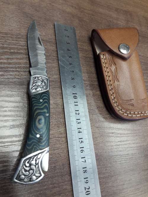Handmade Damascus steel folding knife with MICARTA & WOOD handle scales. GREAT GIFT !!!!