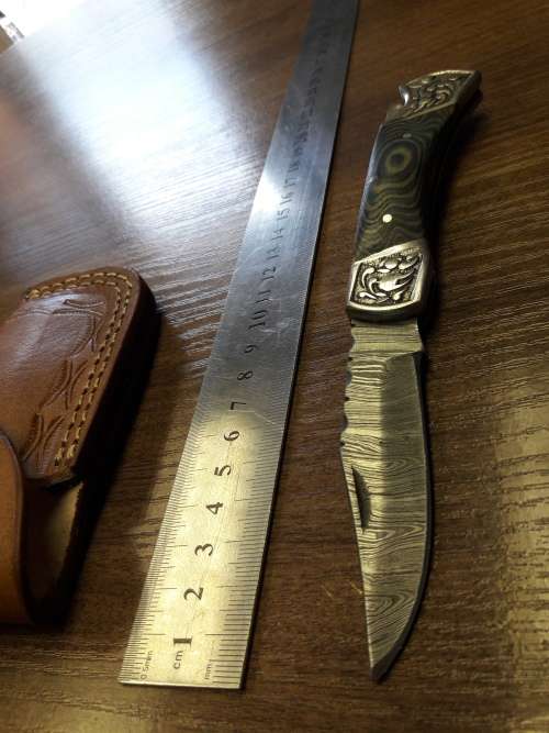 Handmade Damascus steel folding knife with MICARTA & WOOD handle scales. GREAT GIFT !!!!