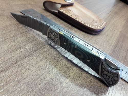 Handmade Damascus steel folding knife with MICARTA & WOOD handle scales. GREAT GIFT !!!!