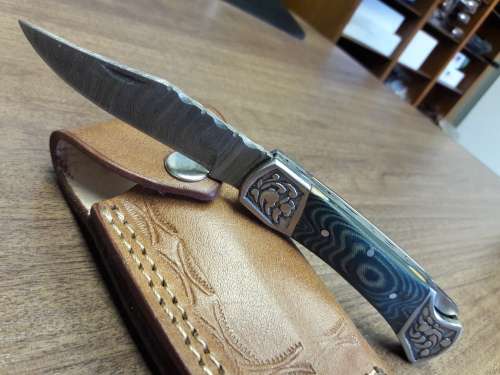 Handmade Damascus steel folding knife with MICARTA & WOOD handle scales. GREAT GIFT !!!!