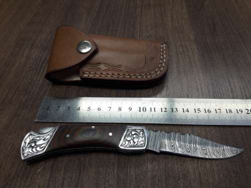Handmade Damascus steel folding knife with MICARTA & WOOD handle scales. GREAT GIFT !!!!