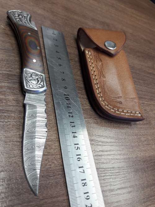 Handmade Damascus steel folding knife with MICARTA & WOOD handle scales. GREAT GIFT !!!!