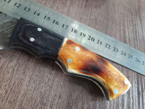 Handmade DAMASCUS Steel Hunting Knife, BURNT Camel Bone & Wooden Handle scales. GIFT TIME !!!!