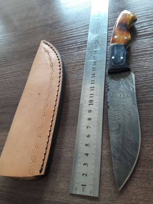 Handmade DAMASCUS Steel Hunting Knife, BURNT Camel Bone & Wooden Handle scales. GIFT TIME !!!!