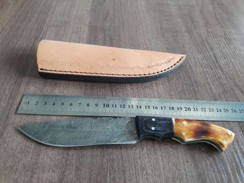 Handmade DAMASCUS Steel Hunting Knife, BURNT Camel Bone & Wooden Handle scales. GIFT TIME !!!!
