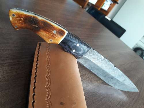 Handmade DAMASCUS Steel Hunting Knife, BURNT Camel Bone & Wooden Handle scales. GIFT TIME !!!!