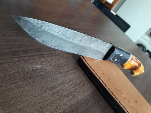 Handmade DAMASCUS Steel Hunting Knife, BURNT Camel Bone & Wooden Handle scales. GIFT TIME !!!!