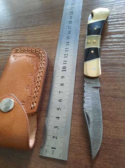 Handmade Damascus steel folding knife with Camel Bone & BULL HORN  handle scales