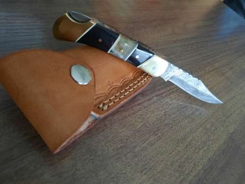 Handmade Damascus steel folding knife with Camel Bone & BULL HORN  handle scales