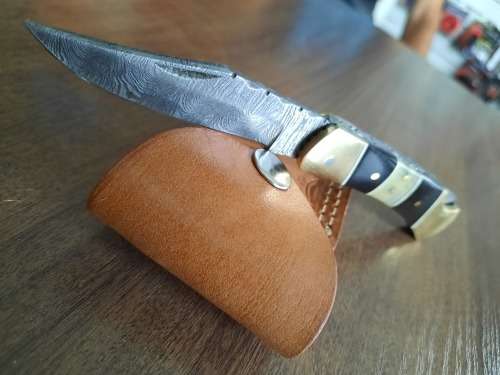 Handmade Damascus steel folding knife with Camel Bone & BULL HORN  handle scales