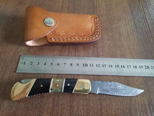 Handmade Damascus steel folding knife with Camel Bone & BULL HORN  handle scales