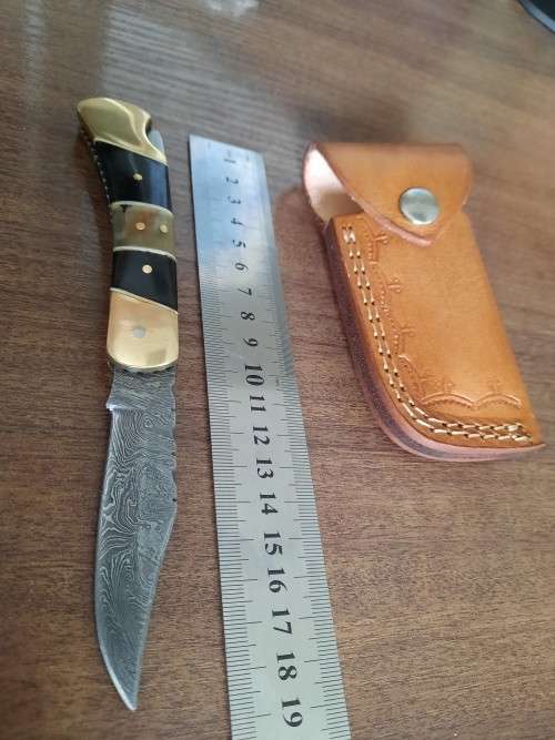 Handmade Damascus steel folding knife with Camel Bone & BULL HORN  handle scales