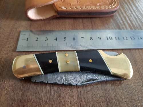 Handmade Damascus steel folding knife with Camel Bone & BULL HORN  handle scales
