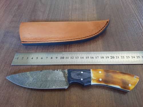 Handmade DAMASCUS Steel Hunting Knife, BURNT Camel Bone & Wooden Handle scales. GIFT TIME !!!!